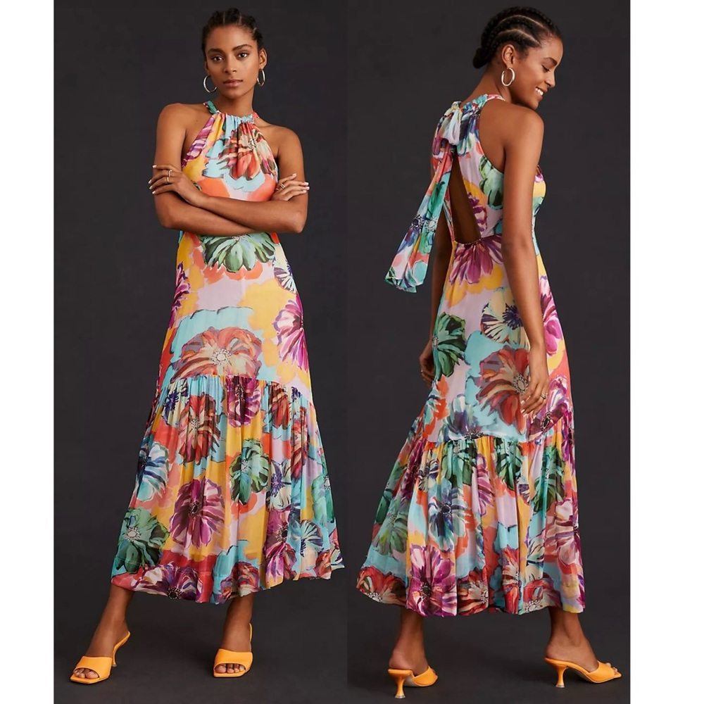 Free Shipping! Anthropologie Floral Halter Open Back Midi Dress Medium Petite